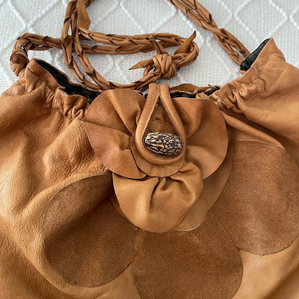 Tan Leather Women's Handbag with flower detail